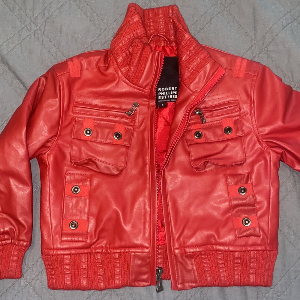 Girls Robert Phillipe Red Faux Leather Jacket small 6 7 moto biker